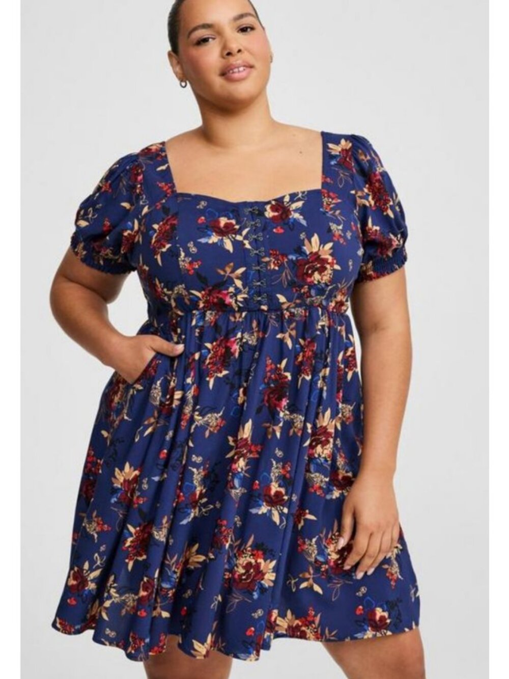 NWT Torrid 1 Blue Floral Mini Challis Hook and Eye Skater Dress 1X 14 16